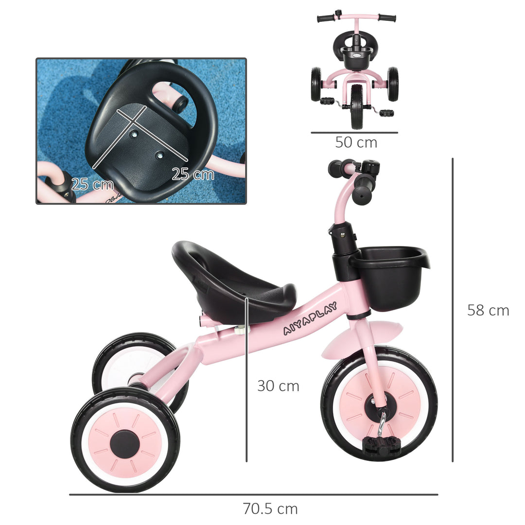 AIYAPLAY Kids Trike, Tricycle, with Adjustable Seat, Basket, Bell, for Ages 2-5 Years - Pink