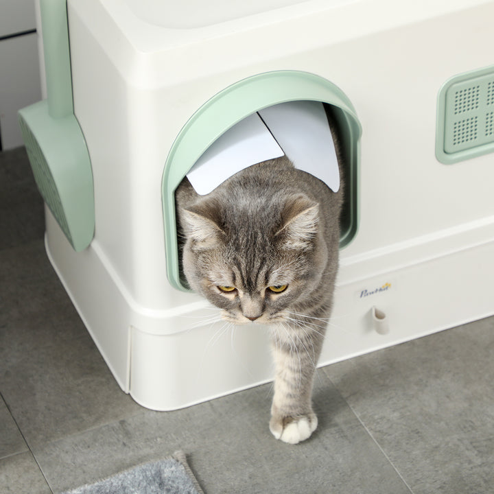 Cat Litter Box with Drawer Pan, Hooded Cat Litter Tray with Scoop, Deodorants, Front Entrance, 50 x 40 x 40 cm, White