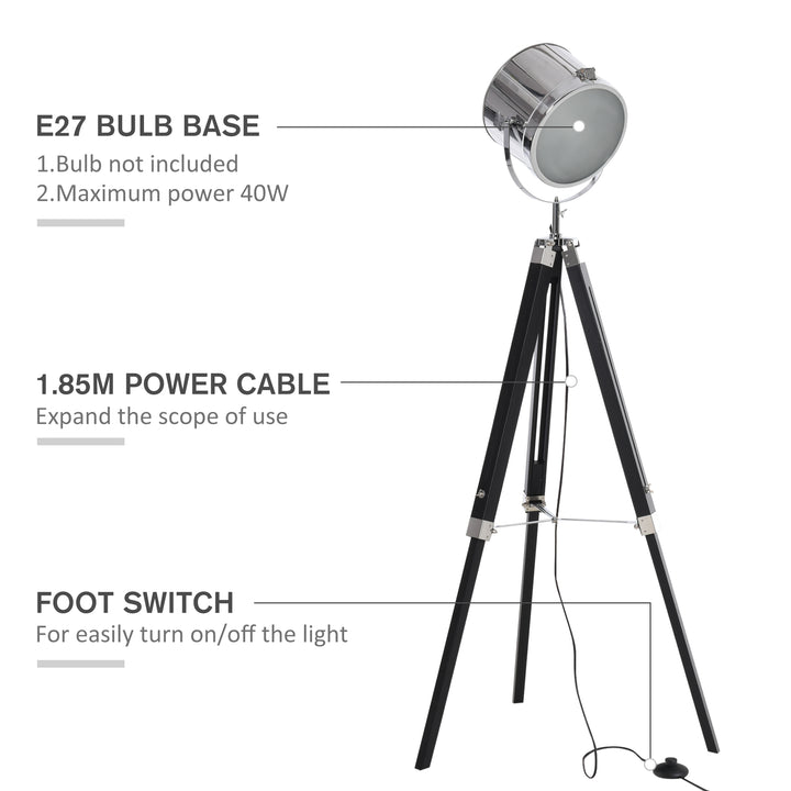 Industrial Style Adjustable Tripod Floor Lamp, Searchlight Lamp with Wooden Legs and Steel Lampshade, 110-155cm, Black