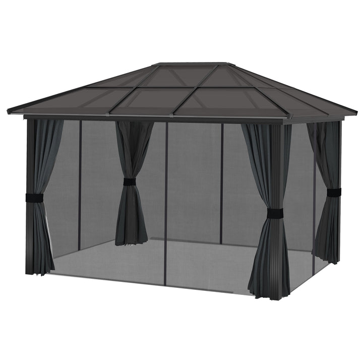 Outsunny 3.6 x 3(m) Hardtop Gazebo with UV Resistant Polycarbonate Roof & Aluminium Frame, Garden Pavilion with Mosquito Netting and Curtains
