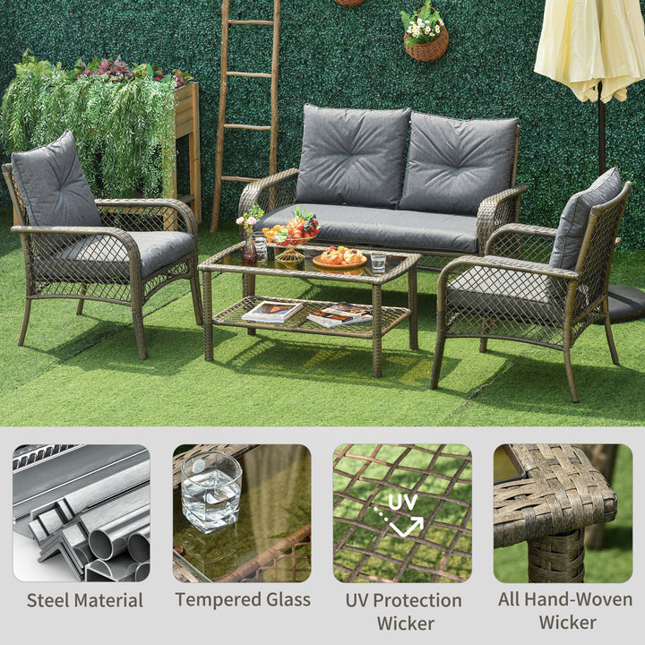 4-Seater Patio PE Rattan Wicker Sofa Sets Outdoor All Weather Conversation Furniture w/ Two Tier Tea Table &amp; Cushions for Backyard Garden Grey