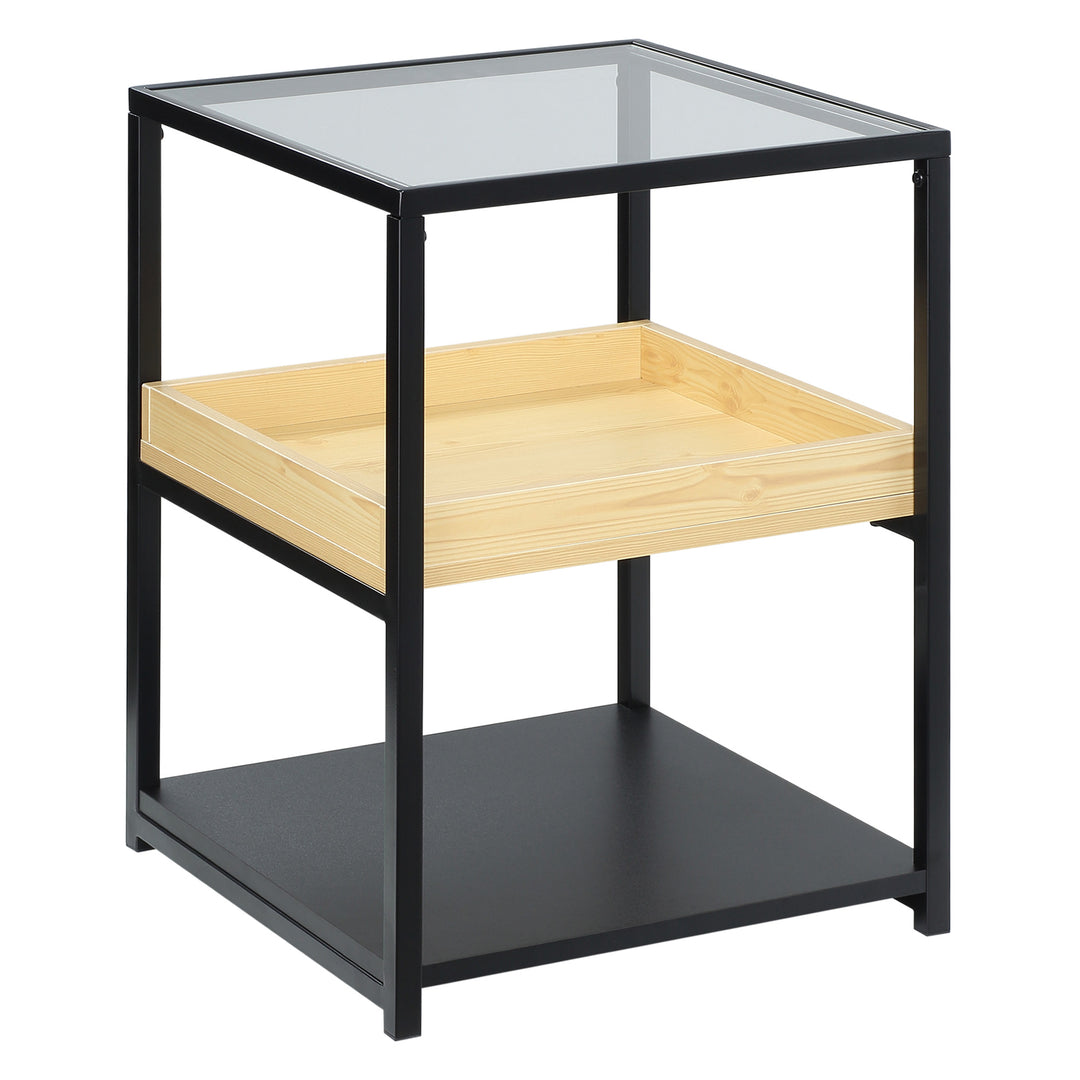 Glass Top Side Table, 3-Tier End Table with Storage Shelves, Nightstand with Steel Frame for Bedroom