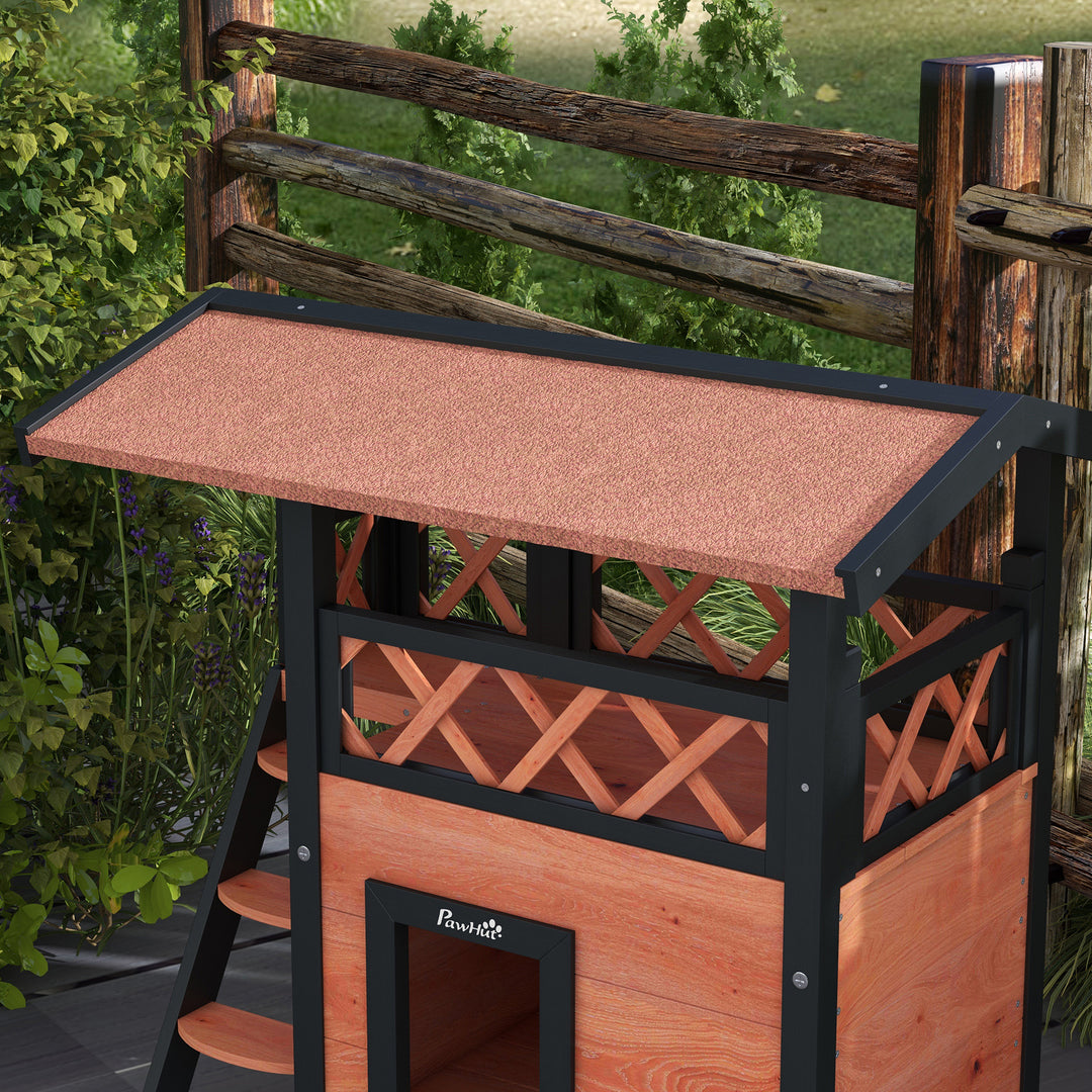 Cat House Outdoor w/ Balcony Stairs Roof, 77 x 50 x 73 cm, Brown