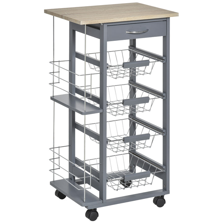 Kitchen Trolley, Multi-Use Kitchen Island w/ 4 Baskets 2 Side Racks 4 Wheels Food Storage Smooth Rolling Compact Furniture Dark Grey