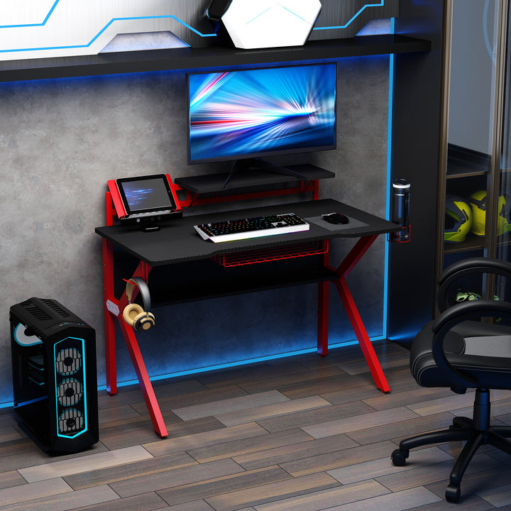 Gaming Desk Computer Table Stable Metal Frame Adjustable Feet w/ Cup Holder Headphone Hook, Cable Basket - Red