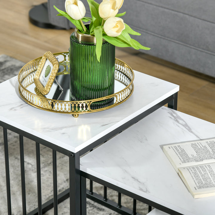 HOMCOM Modern Coffee Table Set of Two, Marble-Effect Nest of Tables with Steel Frame for Living Room, White and Black