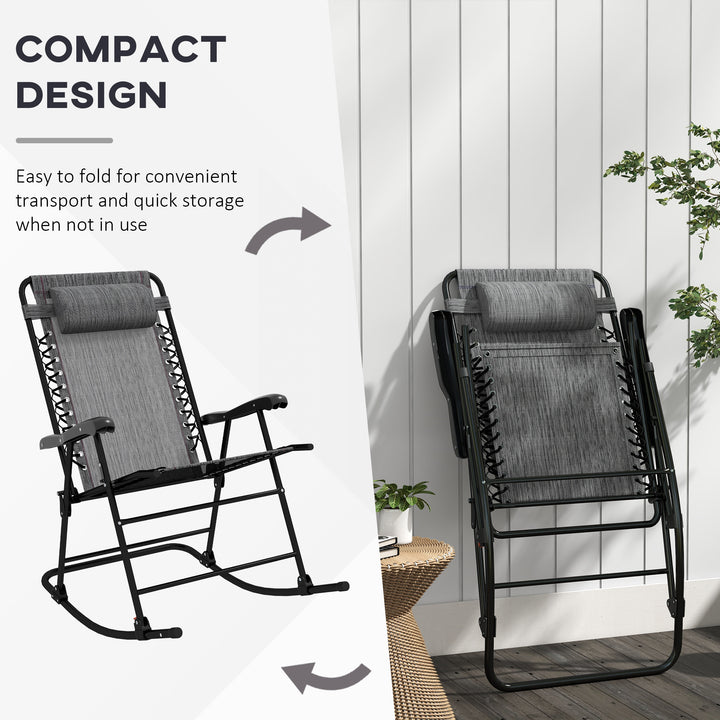 Garden Rocking Chair Folding Outdoor Adjustable Rocker Zero-Gravity Seat with Headrest Camping Fishing Patio Deck - Grey