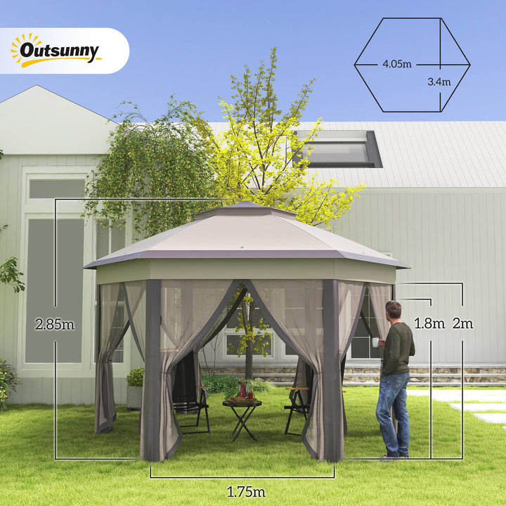 Outsunny Hexagon Patio Gazebo Pop Up Gazebo Outdoor Double Roof Instant Shelter with Netting, 4m x 4m, Beige