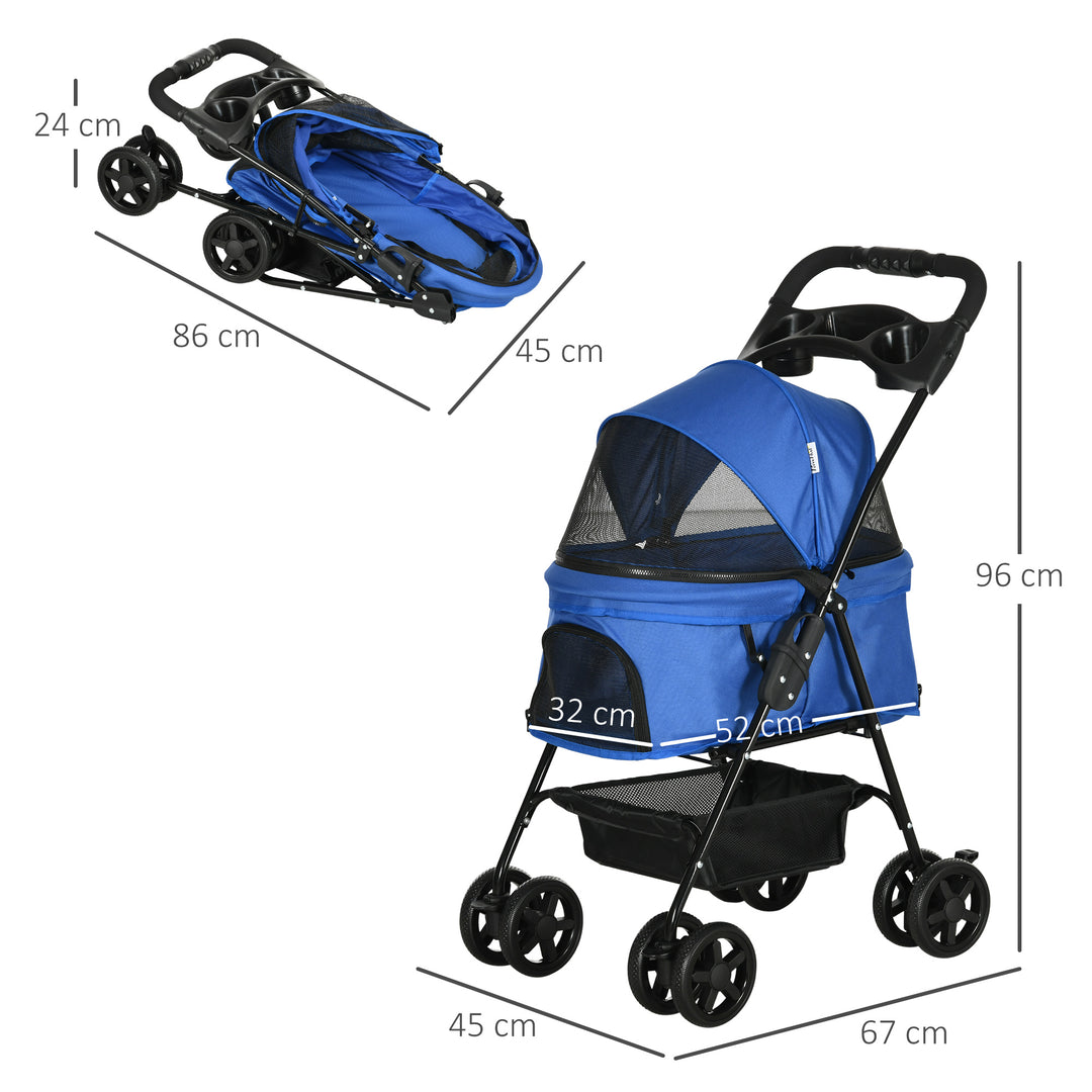 PawHut No-Zip Pet Stroller Dog Cat Travel Pushchair One-Click Fold Trolley Jogger with EVA Wheels Brake Basket Adjustable Canopy Safety Leash Blue