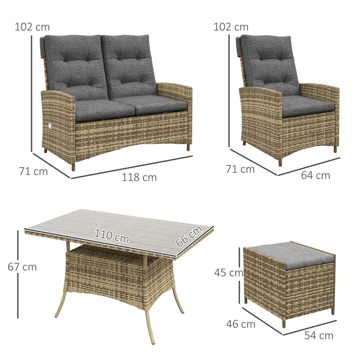 6 Pieces PE Rattan Dining Set, Patio Wicker Conversation Furniture, Tempered Glass Table-top Dining Table w/ Storage Layer, Mixed Grey