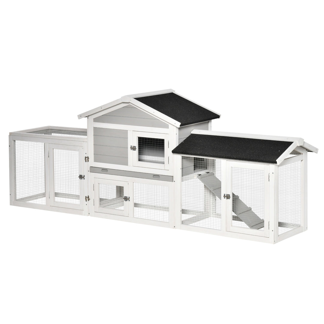 PawHut 2 Tier Wooden Rabbit Hutch Small Pet House Bunny Run Cage with Pull Out Tray Ramps Lockable Doors Large Run Area Asphalt Roof for Outdoor Grey