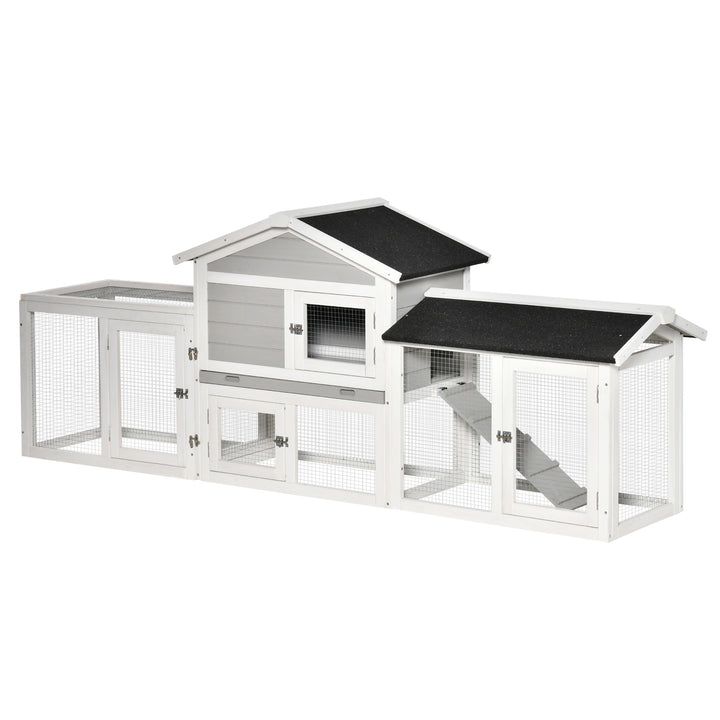 PawHut 2 Tier Wooden Rabbit Hutch Small Pet House Bunny Run Cage with Pull Out Tray Ramps Lockable Doors Large Run Area Asphalt Roof for Outdoor Grey