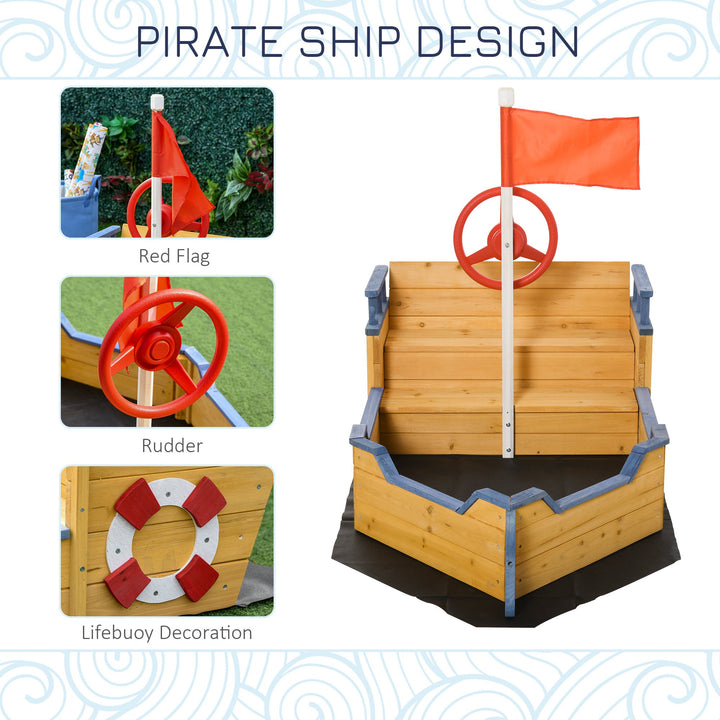 Kids Wooden Sandpit Children Sandbox Pirate Ship Sandboat Outdoor Backyard Playset Play Station w/ Bench Bottom Liner