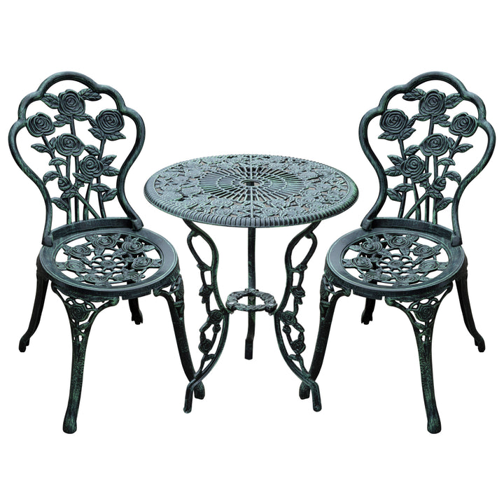 Outsunny Cast Aluminium Outdoor Patio Garden Bistro Elegant Design Table Chair Set - Green (3-Piece)