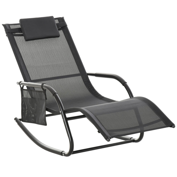 Breathable Mesh Rocking Chair Patio Rocker Lounge for Indoor &amp; Outdoor Recliner Seat w/ Removable Headrest for Garden and Patio Black