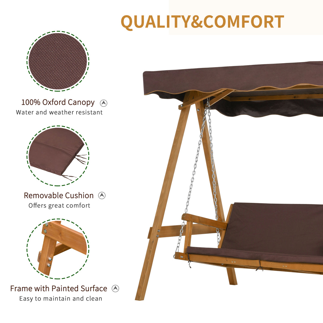 Outsunny 3 Seater Outdoor Garden Swing Chair with Adjustable Canopy, Wooden Hammock Bench with  Padded Cushions for Patio Yard, Brown