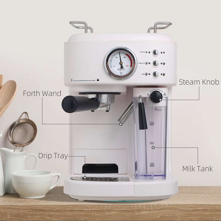 5Pc Coffee Machine, Espresso &amp; Cappuccino &amp; Latte Maker with Milk Frothing Steamer, 1.5L