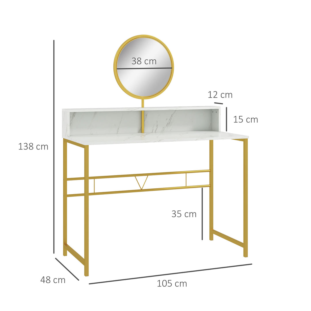 Modern Dressing Table with Round Mirror, Vanity Makeup Desk with Open Storage, Faux Marble Texture and Steel Frame for Bedroom, White