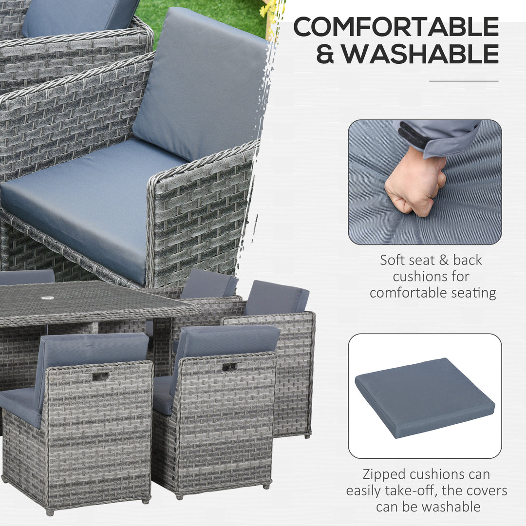 Outsunny Patio 8-Seater Rattan Dining Table Chair Set Garden Wicker Cube Sofa Furniture w/ Umbrella Hole Table for Indoor &amp; Outdoor Mixed Grey