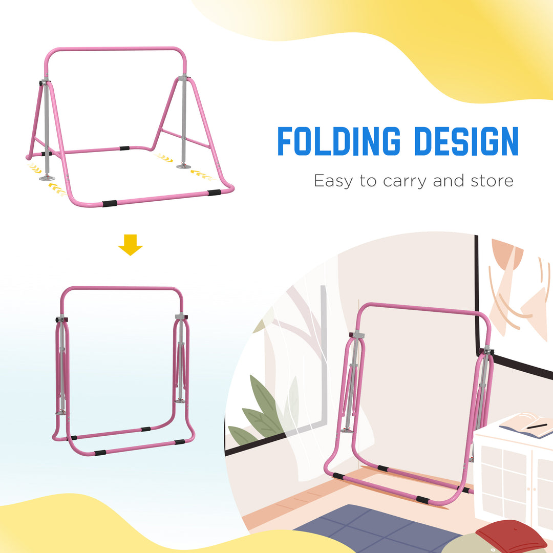 Gymnastics Bar for Kids, Folding Horizontal Bars with Adjustable Height, Training Bar with Triangle Base, Pink