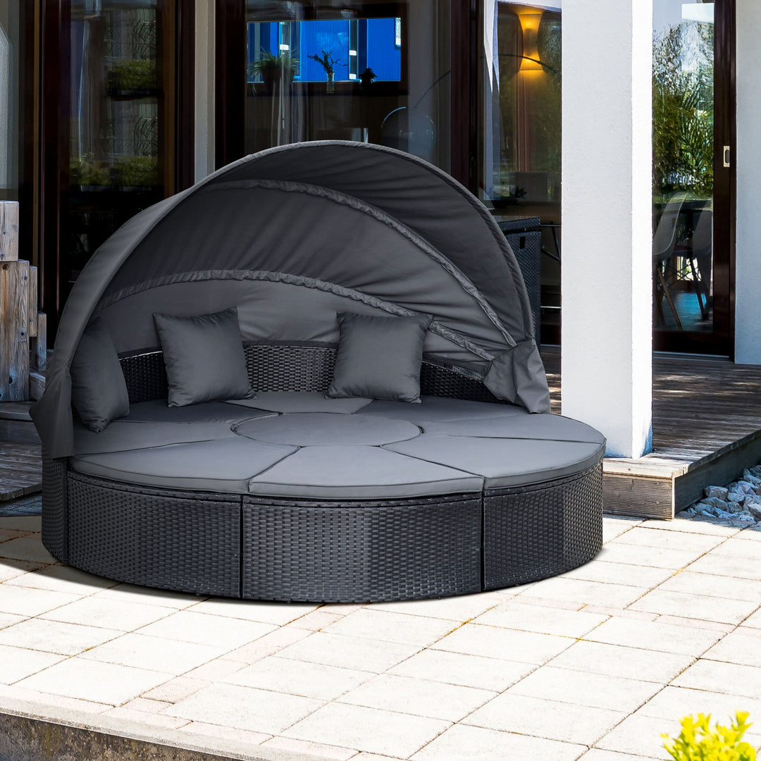 4 Pieces PE Rattan Garden Daybed Set, Outdoor Wicker Cushioned Round Sofa Bed Conversation Furniture with Coffee Table & Canopy, Black