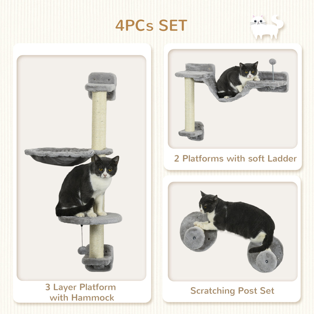 Four-Piece Cat Wall Furniture with Hammock, Perches, Ladder, Scratching Post, Grey