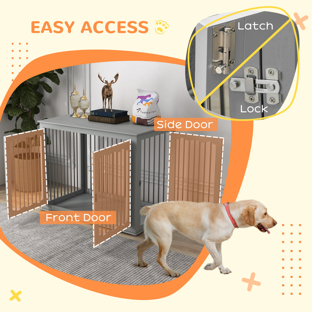 Dog Crate End Table w/ Three Doors, Furniture Style Dog Crate, for Big Dogs, Indoor Use w/ Locks and Latches - Grey