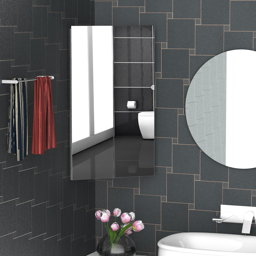 Corner Mirrored Bathroom Cabinet with 3 Shelves 2 Doors On-Wall Storage Unit Stainless Steel Frame