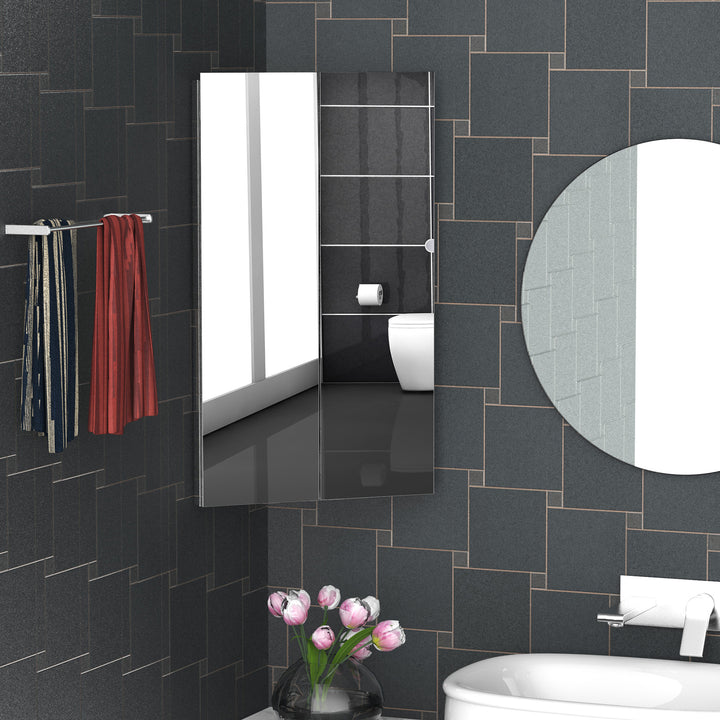Corner Mirrored Bathroom Cabinet with 3 Shelves 2 Doors On-Wall Storage Unit Stainless Steel Frame
