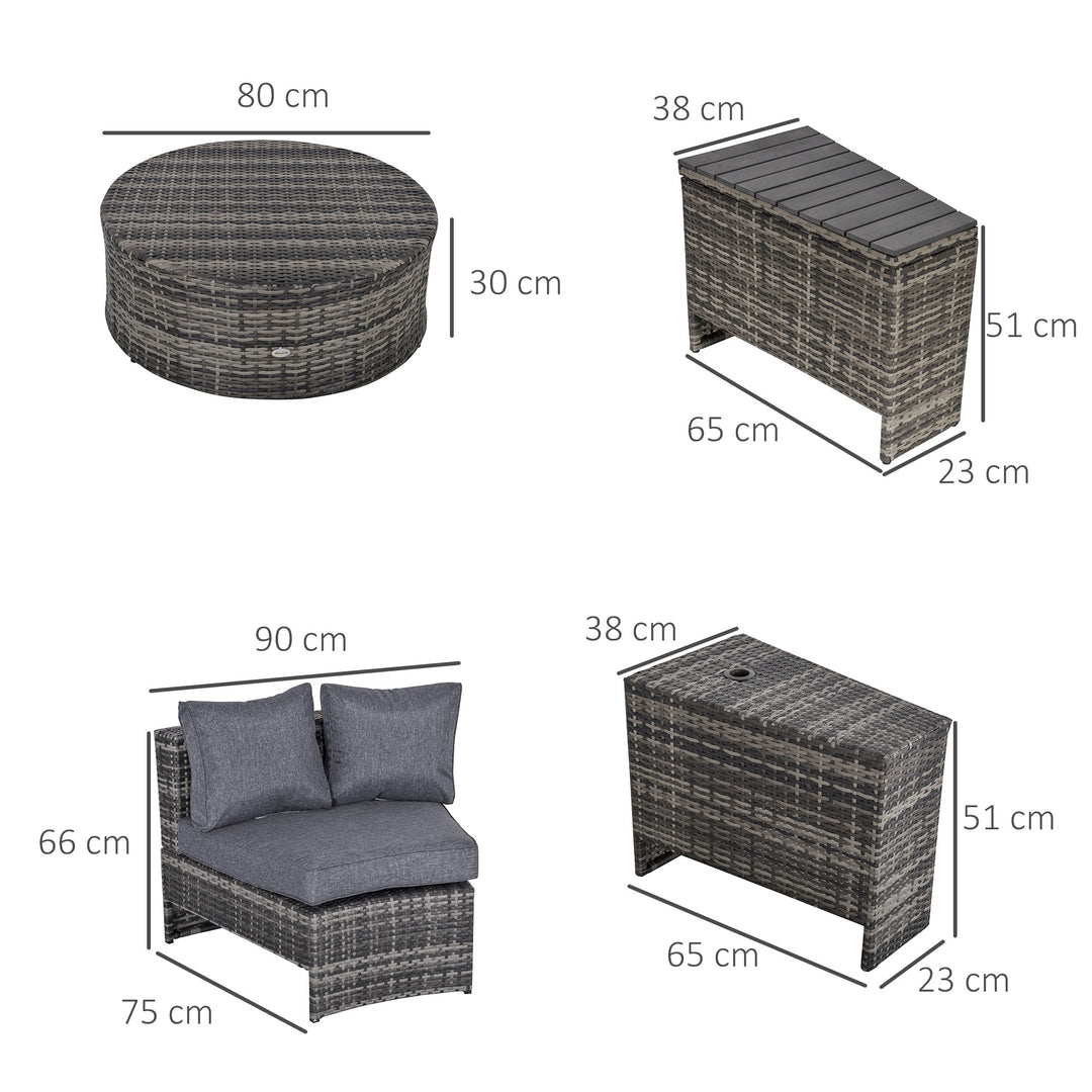 4-Seater Outdoor PE Rattan Wicker Sofa Set Half Round Conversation w/ 1 Umbrella Hole Side Table and 2 Storage Side Tables Grey