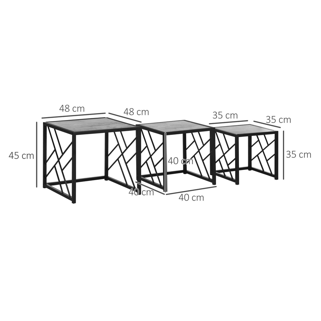 Set of 3 Nest of Tables, Square Side Tables with Black Metal Frame, for Living Room, Bedroom and Office, Grey