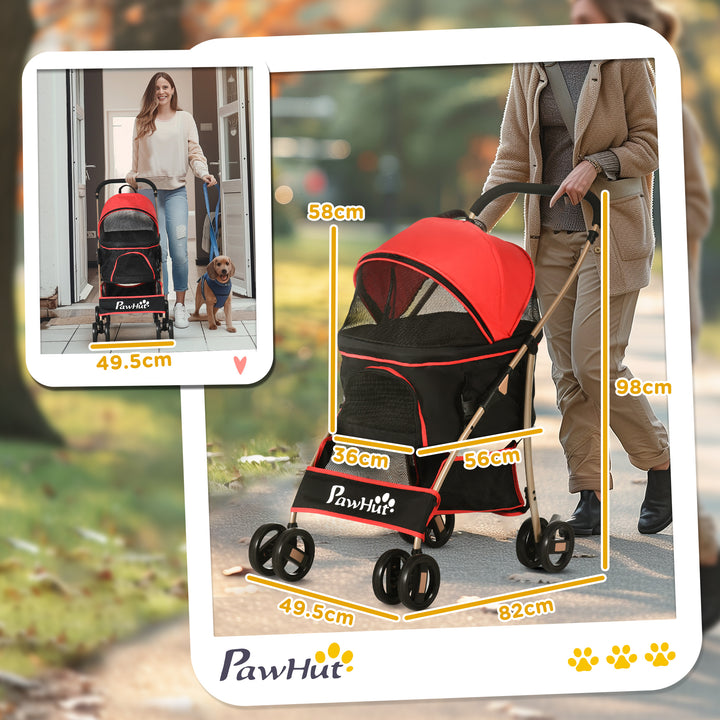 PawHut Pet Stroller Detachable 3-In-1 Dog Pushchair Cat Travel Carriage Foldable Bag w/ Universal Wheel, Brake Canopy for XS & S Sized Pets, Red