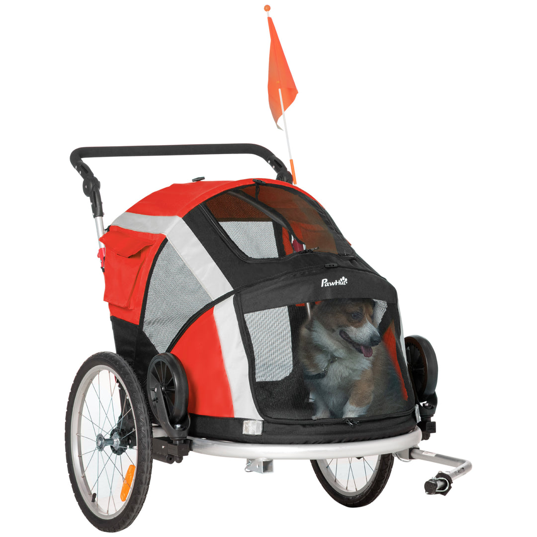 Dog Bike Trailer, Two-In-One Foldable Pet Bike Trailer w/ Safety Leash, Flag, for Small Cats, Puppies, Camping, Hiking - Red