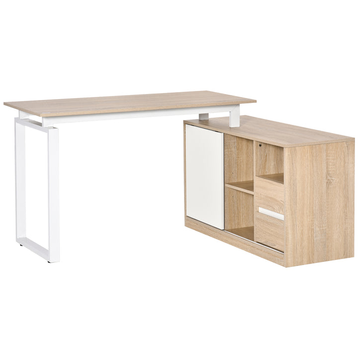 L-Shaped Home Office Writing Desk with Storage Shelf, Drawer, Corner PC Table Computer Workstation, Oak Beige White