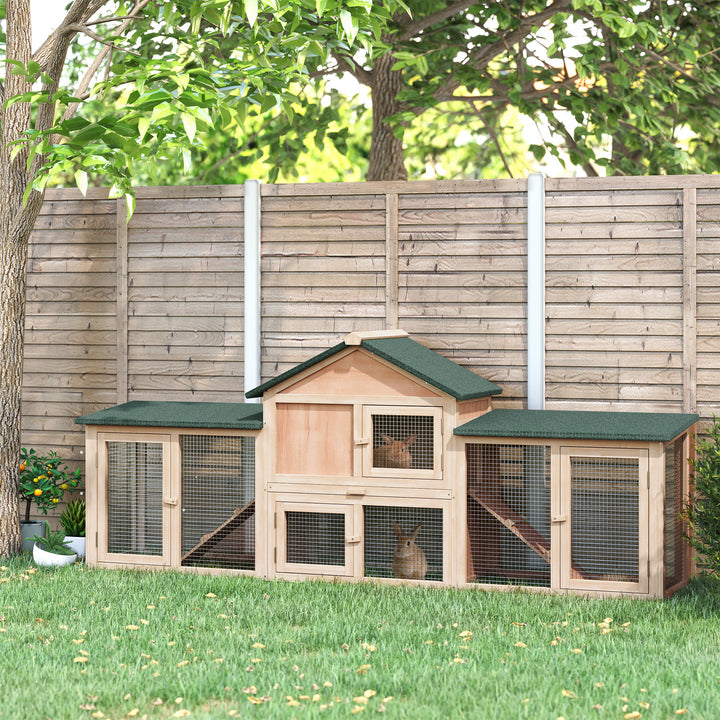 PawHut Deluxe Two-Storey Wooden Bunny Rabbit Hutch, Guinea Pig Hutch, w/ Ladder Outdoor Run Box Slide-out Tray 210 x 45.5 x 84.5 cm