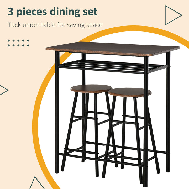 Bar Table Set, Bar Set-1 Bar Table and 2 Stools with Metal Frame Footrest and Storage Shelf, for Kitchen, Dining Room, Pub, Cafe, Black and Oak