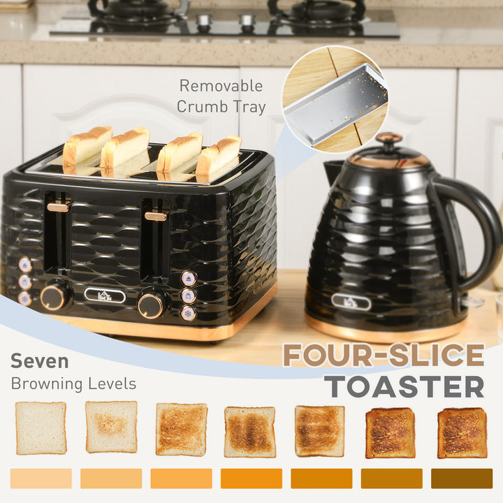 Kettle and Toaster Sets, 1600W 1.7L Rapid Boil Kettle & 4 Slice Toaster w/7 Browning Controls Defrost Reheat Crumb Tray Otter thermostat Black