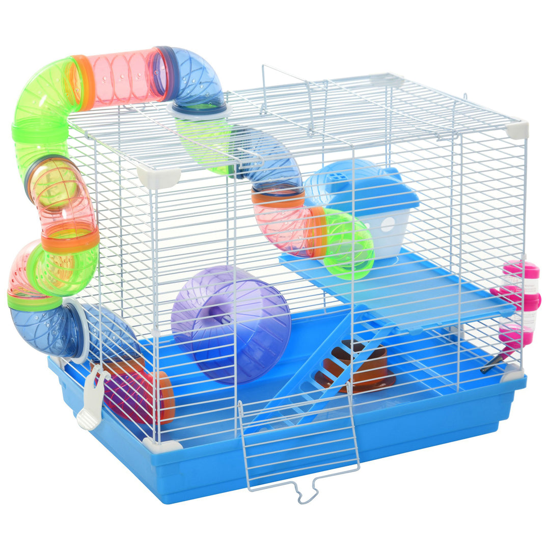 Pawhut 2 Tier Hamster Cage Carrier Habitat Small Animal House with Exercise Wheels Tunnel Tube Water Bottle Dishes House Ladder for Dwarf Mice, Blue