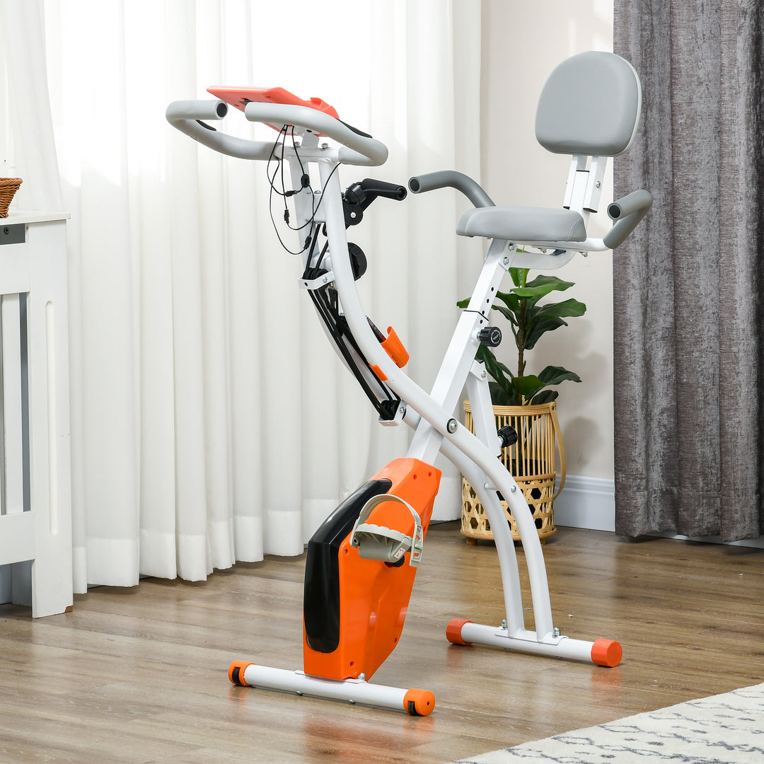 HOMCOM 2-in-1 Upright  Exercise Bike Stationary Foldable Magnetic Recumbent Cycling with Arm Resistance Bands Orange