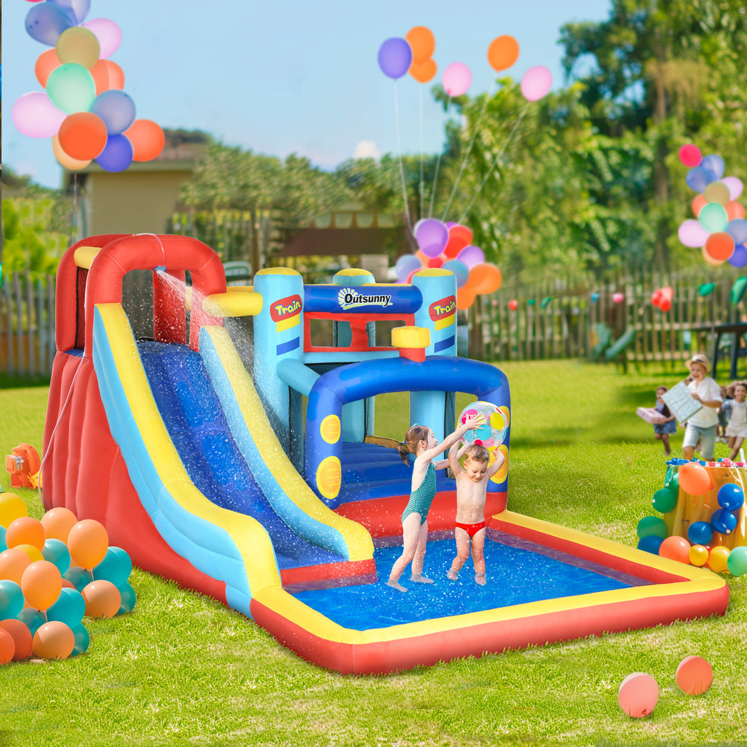 4 in 1 Bouncy Castle, with Slide, Pool, Trampoline, Climbing Wall, Blower - Multicoloured