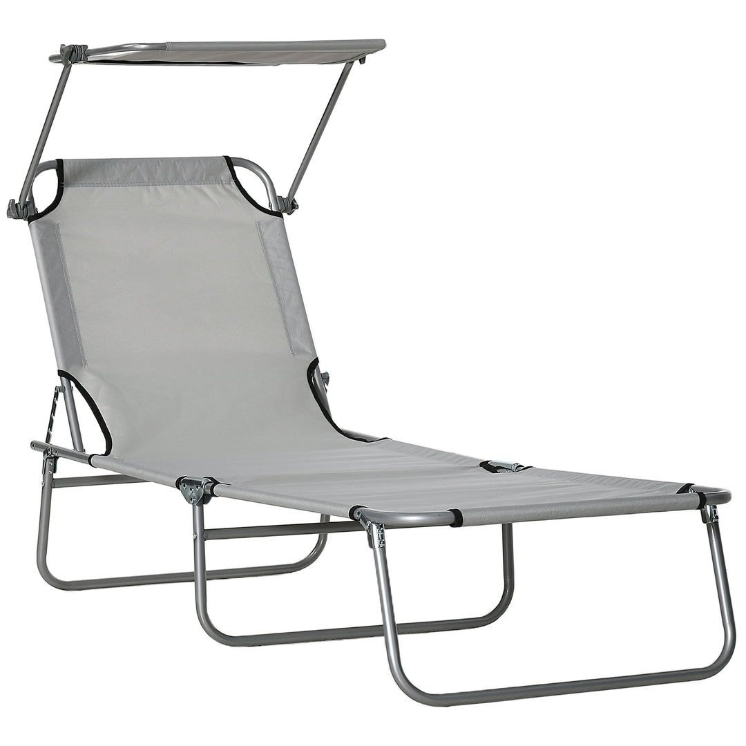 Reclining Chair Folding Lounger Seat with Sun Shade Awning Beach Garden Outdoor Patio Recliner Adjustable, Light Grey