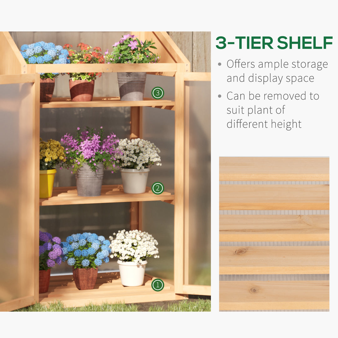 Outsunny Wooden Greenhouse, Cold Frame Grow House with Polycarbonate Semi Transparent Glazing, Openable Lid and Double Door, 70 x 50 x 120cm, Brown