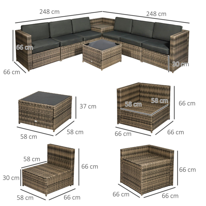 6-Seater Outdoor Rattan Wicker Sofa Set with Hidden Storage Side Table and Cushions, Mixed Brown