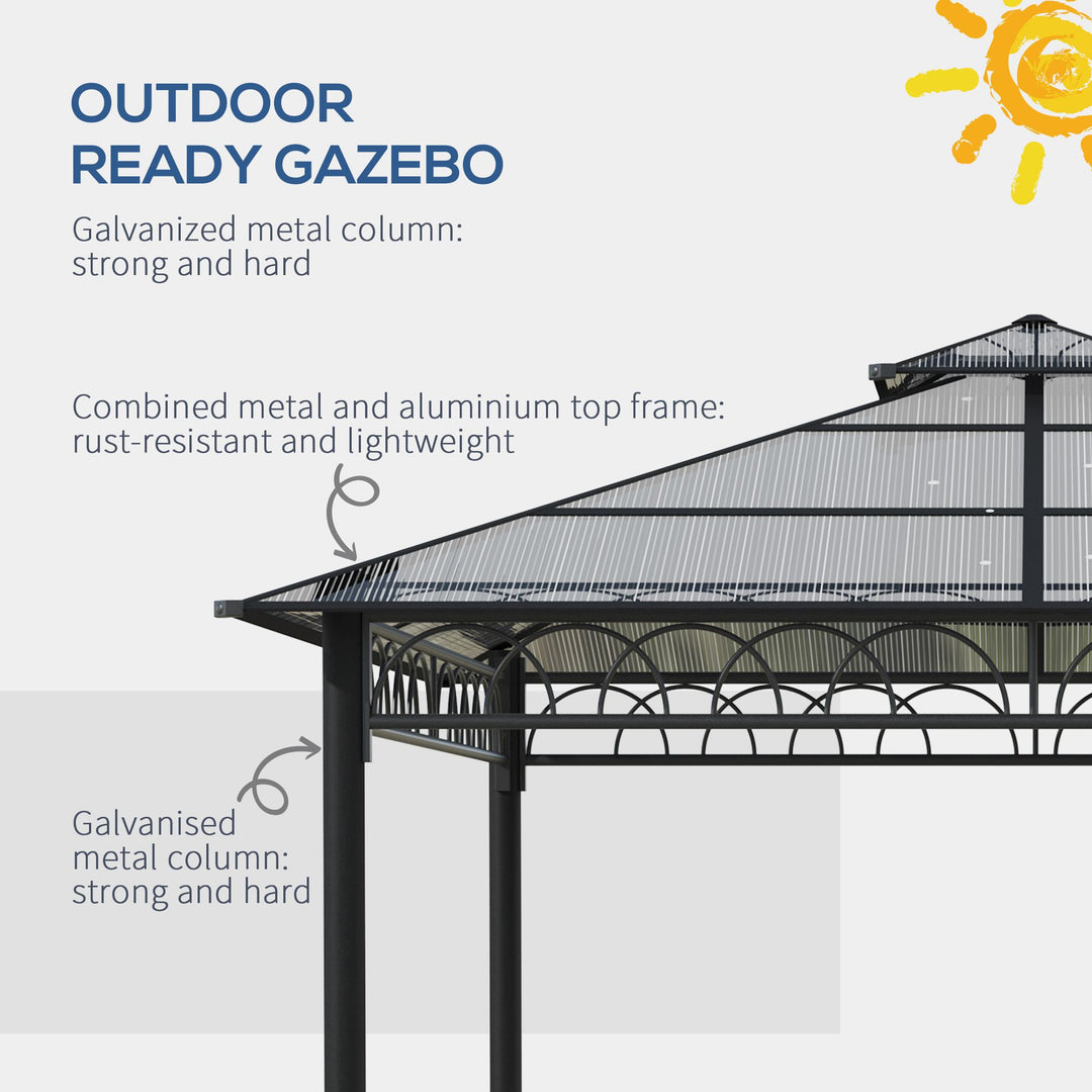 3 x 3 (m) Outdoor Polycarbonate Gazebo, Double Roof Hard Top Gazebo with Galvanized Steel Frame, Nettings & Curtains