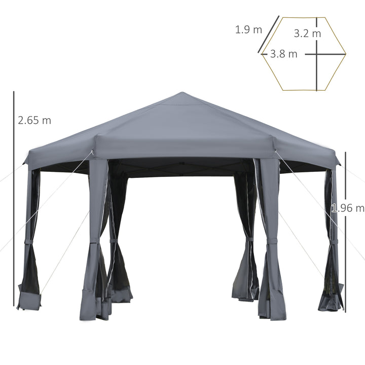 Outsunny 3.2m Canopy Rentals Pop Up Gazebo Hexagonal Canopy Tent Outdoor Sun Protection w/ Mesh Sidewalls, Handy Bag, Grey