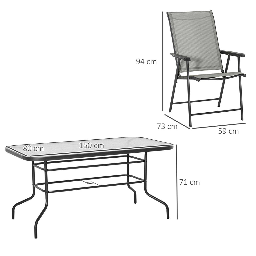 Garden Patio Outdoor 7pcs Classic Outdoor Steel Frames Dining Set w/ 6 Folding Chairs, Glass Top Table, Texteline Seats,Black &amp; Grey Cushion