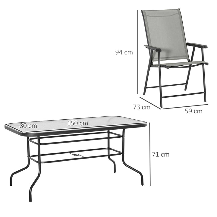 Garden Patio Outdoor 7pcs Classic Outdoor Steel Frames Dining Set w/ 6 Folding Chairs, Glass Top Table, Texteline Seats,Black &amp; Grey Cushion