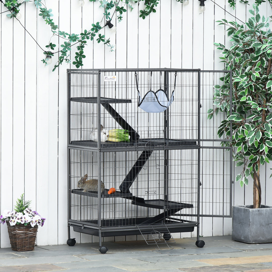 Small Animal Cage for Chinchilla Ferret Kitten on Wheels with Hammocks Removable Tray, Silver Grey
