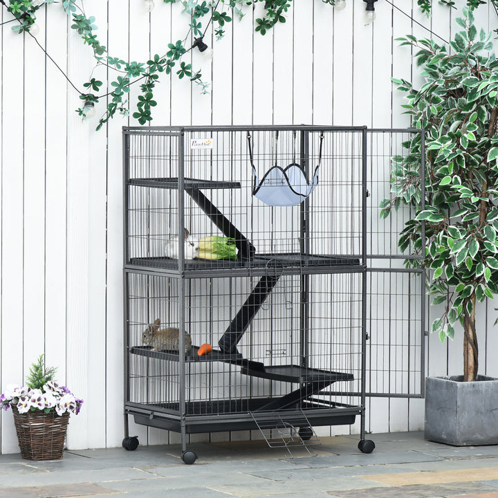 Small Animal Cage for Chinchilla Ferret Kitten on Wheels with Hammocks Removable Tray, Silver Grey