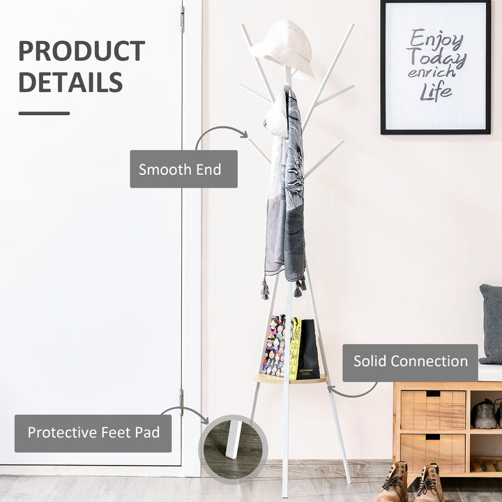 180cm Free Standing Metal Coat Rack Stand 9 Hooks Clothes Tree with 1 Shelf Hat Display Hall Tree Hanger Bag for Hallway Living Room White